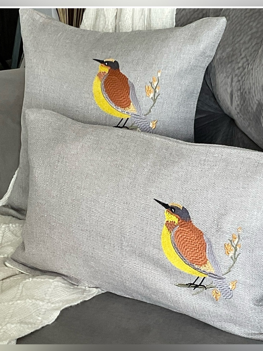 Embroidered Bird Decorative Pillow Cover - Gray with Yellow & Brown Bird
